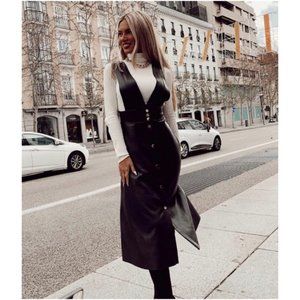 ZARA LEATHER DRESS MIDI PINAFORE WITH BUTTON